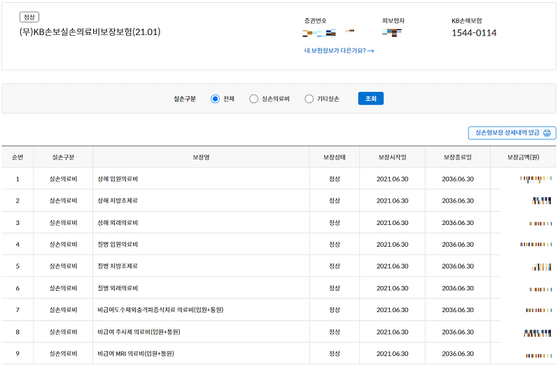 본인신용정보 열람서비스 - 실손 보장 보험 상세 보장 내역 화면